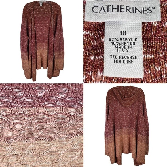 Catherines Cardigan Womens Plus 1X Brown Neutral Tan LS Lightweight Sweater Hood - Picture 1 of 10